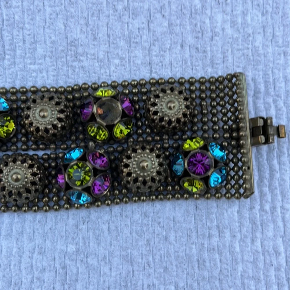 FRANGOS LADIES VINTAGE GOLD TONE BLUE PURPLE CRYSTAL MESH WIDE BRACELET-WOW!
